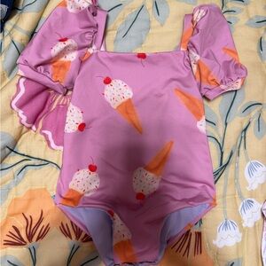 Girls Pink Ice Cream Print One-Piece Swimsuit with Puff Sleeves